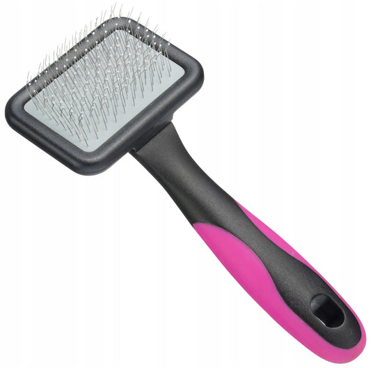 Liten slicker-børste med rosa og svart ergonomisk håndtak – 18 cm – myke metallpinner med hvite kuletupper – ideell for små hunder og katter med sensitiv hud – ABS-plast og rustfritt stål
