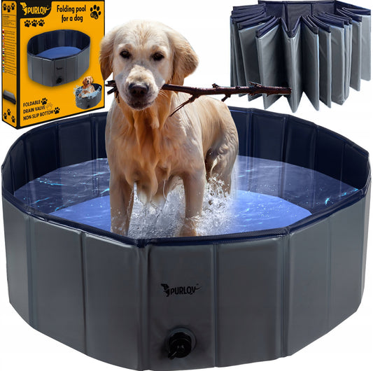 Sammenleggbart hundebasseng 100x30 cm i blått og grått, laget av slitesterk PVC og MDF med sklisikker bunn – perfekt for utendørs bruk på varme sommerdager.