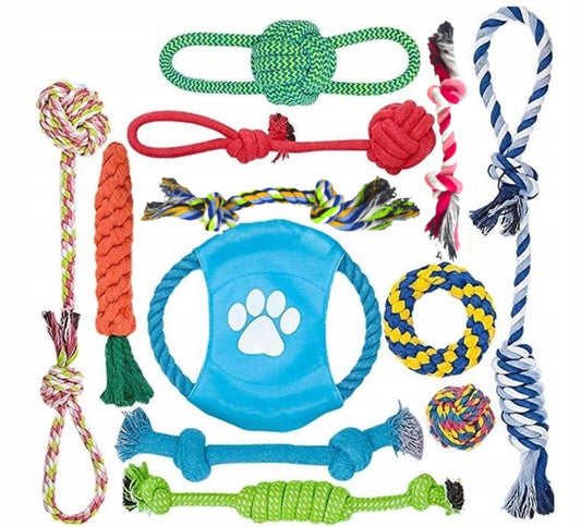 Sett med 12 hundeleker i slitesterkt bomullstau og gummi – ideelle for lek, tygging og trening. Inkluderer frisbee (19 cm), draleker, baller og tyggeleker i flerfargede varianter. Perfekt for små, mellomstore og store hunder.