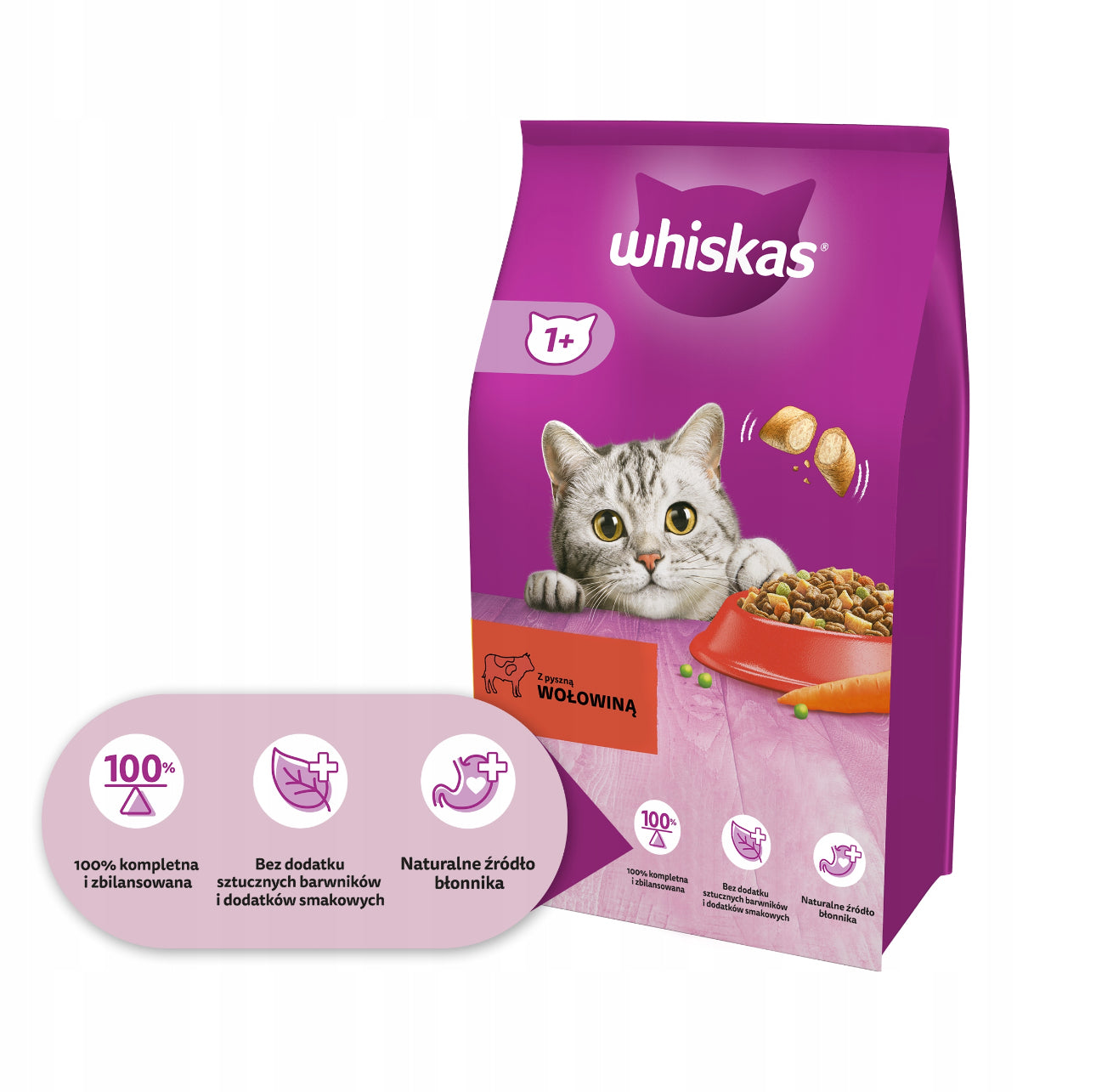 Whiskas tørrfôr for voksne katter med oksekjøtt – 14 kg – lilla sekk med rød matskål, rik på fiber og næringsstoffer