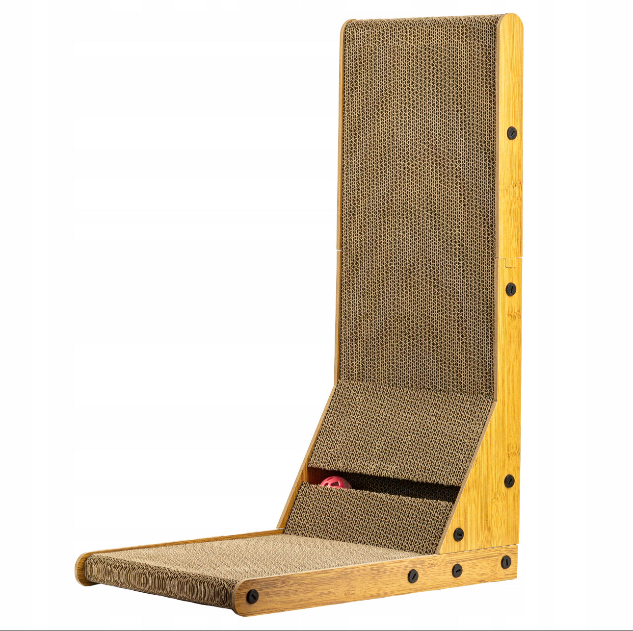 Stort klorestativ for katt – 60x40x25 cm – slitesterk brun pappflate og ramme i naturfarget treverk med innebygd leke-ball