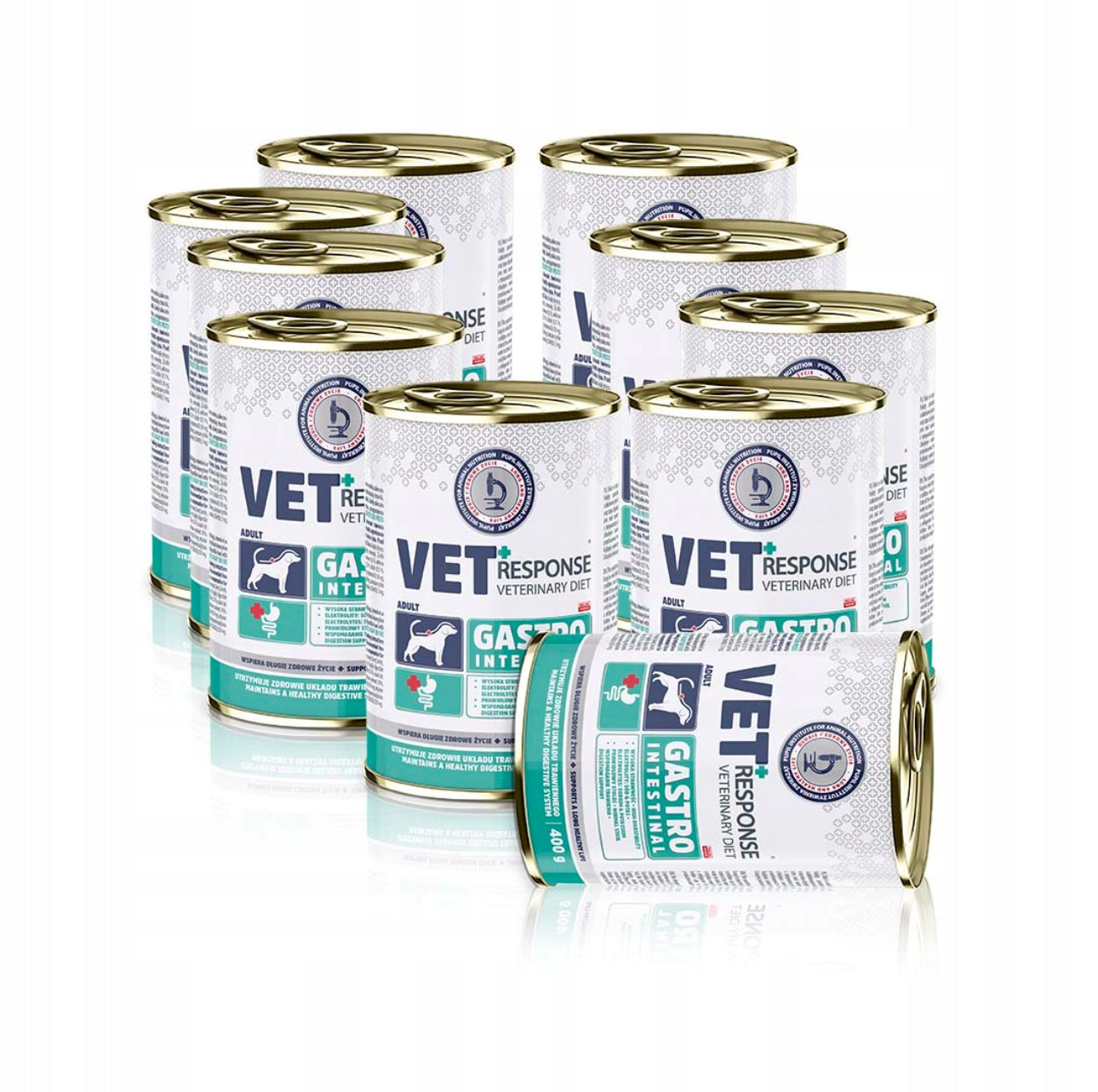 VET RESPONSE GASTROINTESTINAL våtfôr for hunder – 10 x 400 g. Skånsom, veterinæranbefalt hundemat for sensitiv mage og fordøyelsesproblemer. Hypoallergenisk, lettfordøyelig, med høykvalitets proteiner og prebiotika for optimal tarmhelse. Perfekt for hunder med diaré, oppkast eller matintoleranse.