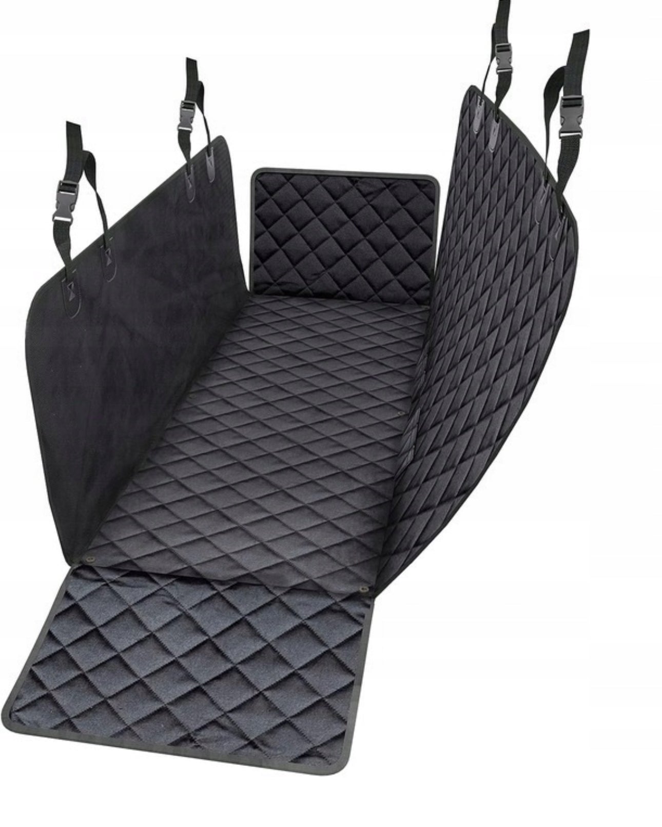 Vanntett bilsetebeskyttelse for hund – 130x137 cm, svart, slitesterk Oxford-polyester med antiskli bakside og sideklaffer for ekstra setebeskyttelse.