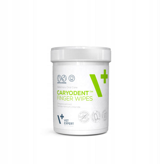 Caryodent Finger Wipes for hund og katt – 50 stk hvite engangs tannservietter med antiseptisk løsning av oreganoekstrakt og cetylpyridiniumklorid, laget i mykt, hudvennlig materiale – perfekt for daglig munn- og tannpleie uten børste.