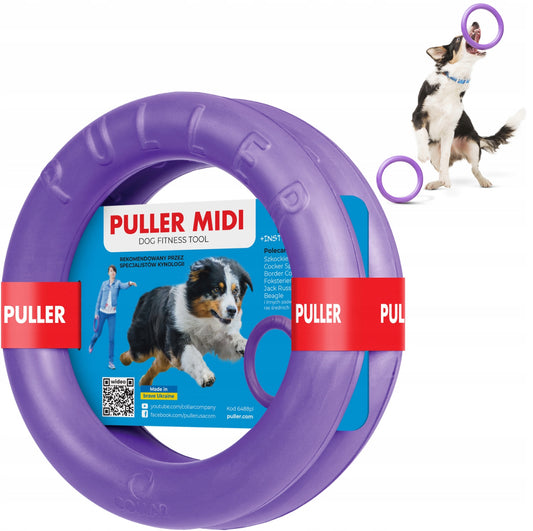 Puller Midi treningsringer for hunder, lilla farge, sett med 2 ringer i slitesterkt, tannvennlig materiale, diameter 20 cm