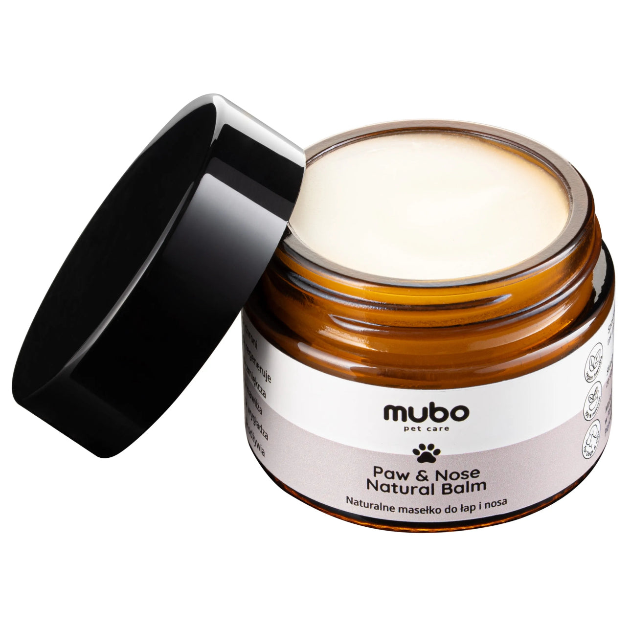 Mubo Paw & Nose Natural Balm 50g i brun glasskrukke med svart lokk – naturlig balm for poter og snute laget av sheasmør, mango butter og planteoljer – vegansk, trygg for hund og katt.