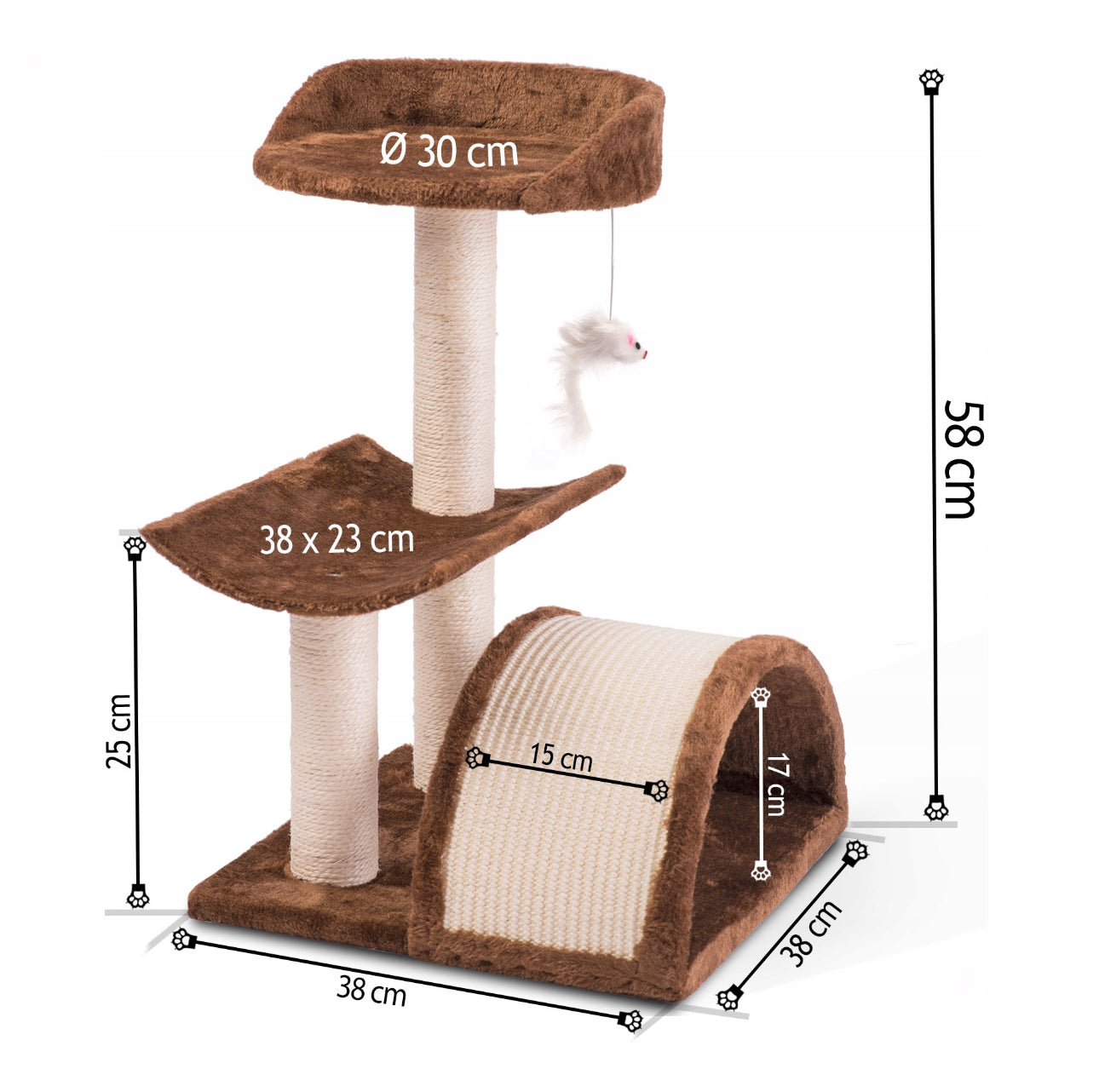 Klorestativ for katt i brun plysj med sisalsøyler og tunnel – 58 cm høyt, base 38x38 cm, slitesterkt materiale og hengende lekemus