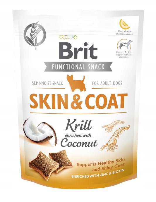 Brit Care Functional Snack Skin & Coat – Krill & Coconut, 150g | Kornfri hundesnacks med krill og kokos | Rik på Omega-3, biotin og sink for sunn hud og glansfull pels | Semi-myk tekstur, perfekt som belønning eller daglig pleie | Farge: gyllenbrun | Naturlige ingredienser for optimal hundehelse.