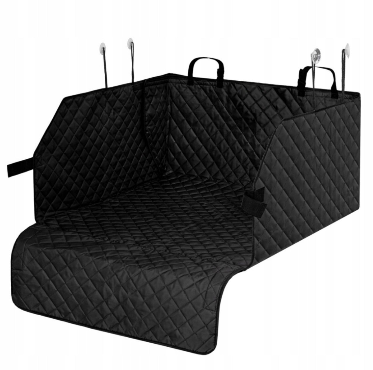 Vanntett beskyttelsesmatte til bilens bagasjerom – 210x190 cm – slitesterk quiltet overflate i svart polyester med forhøyede kanter for maksimal beskyttelse mot hår, smuss og fuktighet – perfekt for transport av hund.