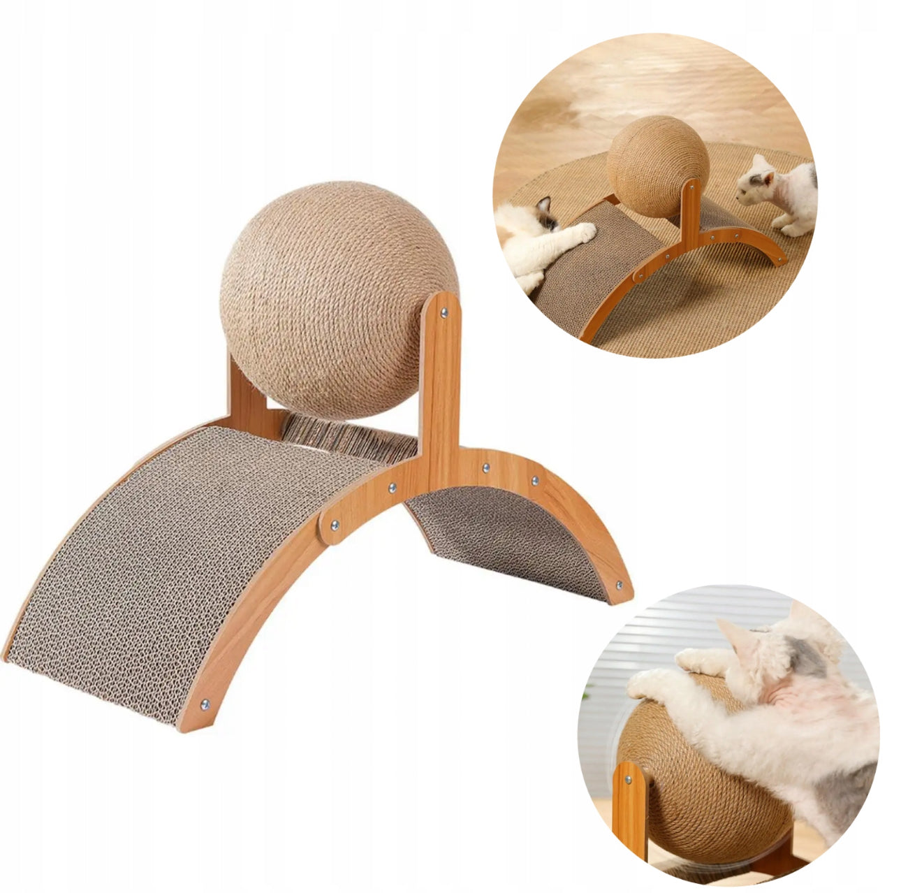 Naturlig kloremøbel for katt i tre og sisal – 55x40x23 cm – slitesterk sisalball og buet kloreflate i papp – brun/beige farge – stilrent design til hjemmet.