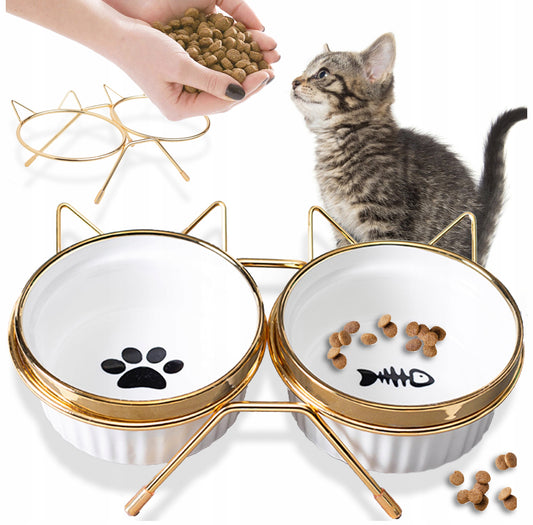 Dobbel matskål for katt og liten hund i hvit keramikk med gullkant og stativ i metall – 2 x 300 ml – 12 cm diameter – forhøyet design for bedre ergonomi og stilfull servering.