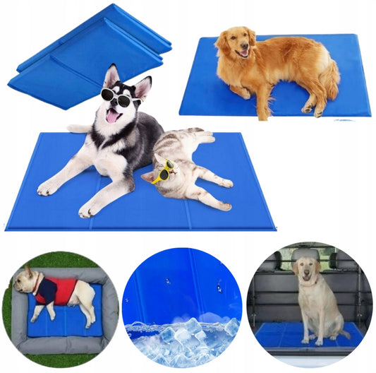 Kjølematte for hund og katt 110x70 cm i blått polyester med medisinsk gel, sammenleggbar og vannavstøtende – perfekt for sommerens varme dager.