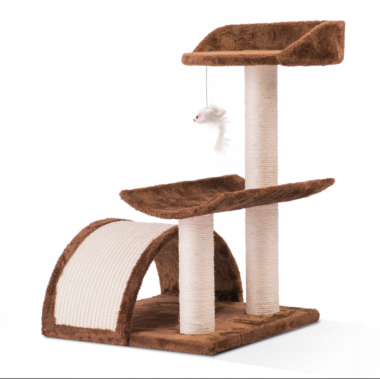 Klorestativ for katt i brun plysj med sisalsøyler og tunnel – 58 cm høyt, base 38x38 cm, slitesterkt materiale og hengende lekemus