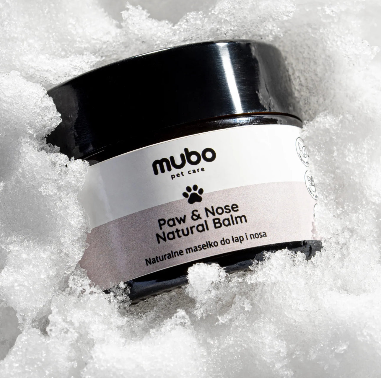 Mubo Paw & Nose Natural Balm 50g i brun glasskrukke med svart lokk – naturlig balm for poter og snute laget av sheasmør, mango butter og planteoljer – vegansk, trygg for hund og katt.